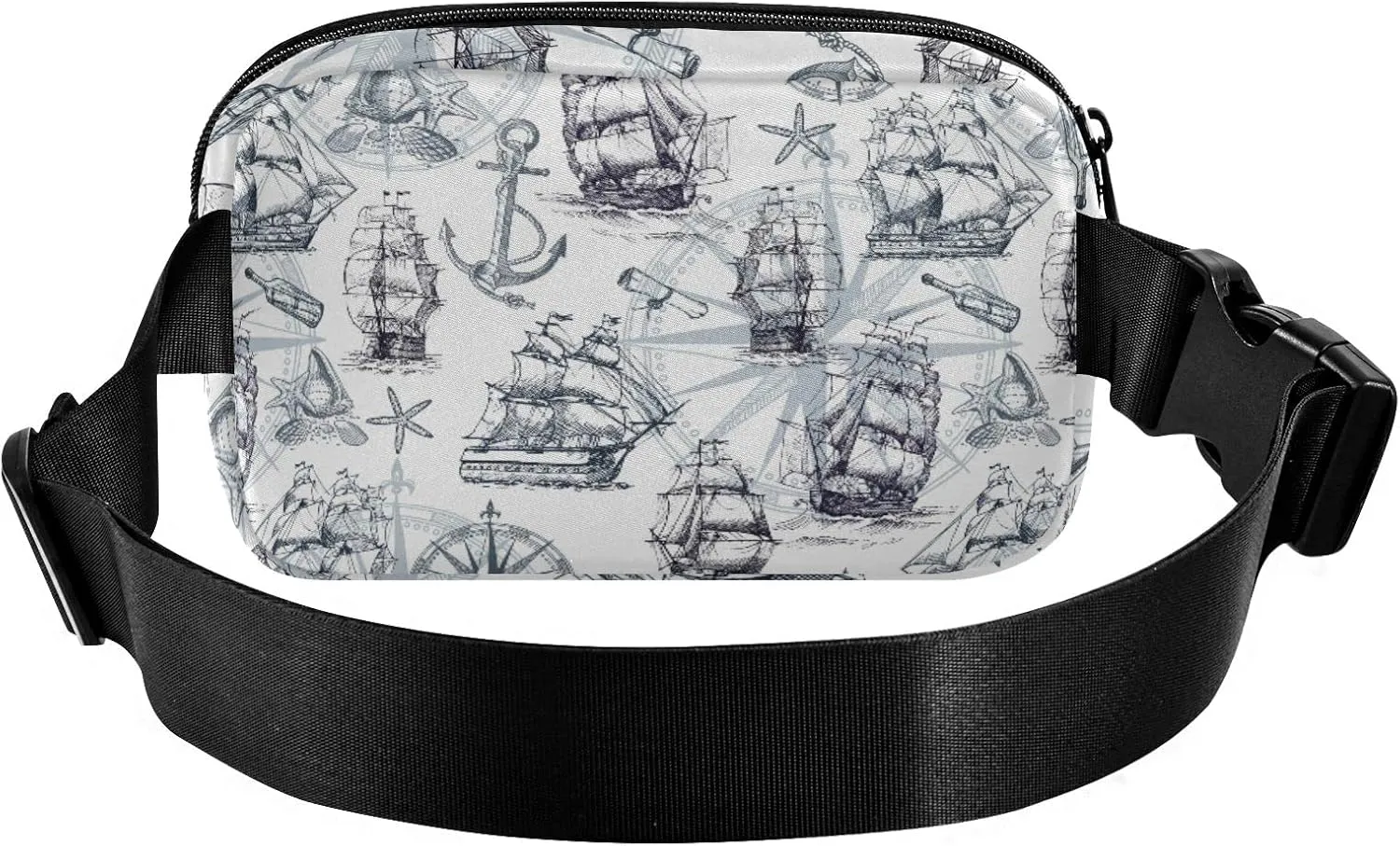 Oyihfvs Marine Sailboats, Compass, Anchor, Sea Shells in Retro Style Adjustable Fanny Waist Pack Pouch, Waterproof Runners Sports Waist Pack Wallet for Sports Hiking Fitness Cycling Gym Women Men