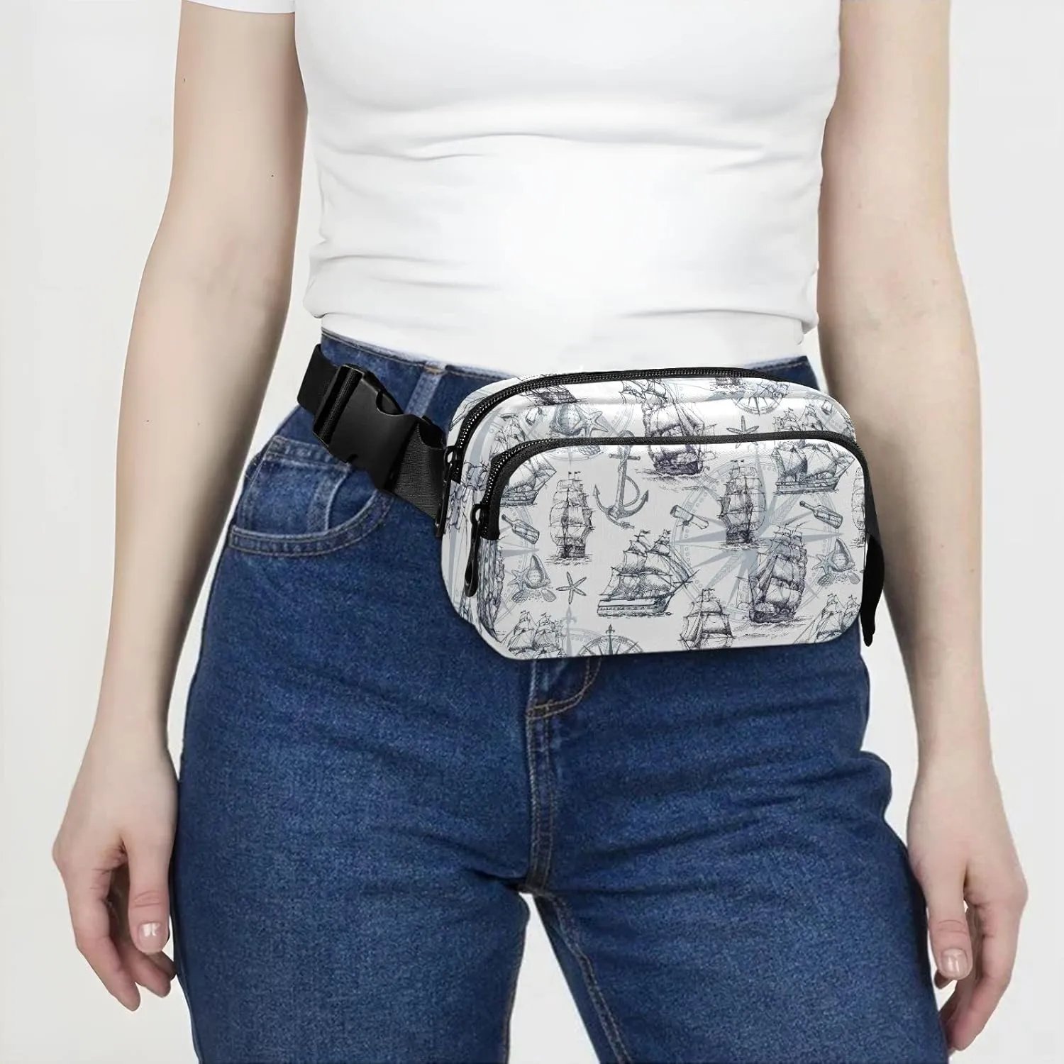 Oyihfvs Marine Sailboats, Compass, Anchor, Sea Shells in Retro Style Adjustable Fanny Waist Pack Pouch, Waterproof Runners Sports Waist Pack Wallet for Sports Hiking Fitness Cycling Gym Women Men