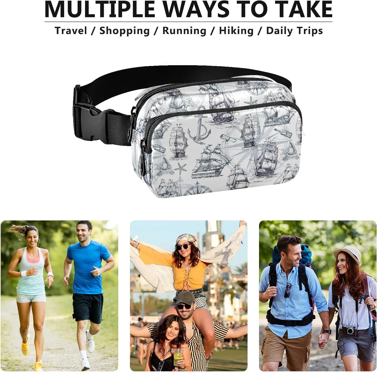 Oyihfvs Marine Sailboats, Compass, Anchor, Sea Shells in Retro Style Adjustable Fanny Waist Pack Pouch, Waterproof Runners Sports Waist Pack Wallet for Sports Hiking Fitness Cycling Gym Women Men