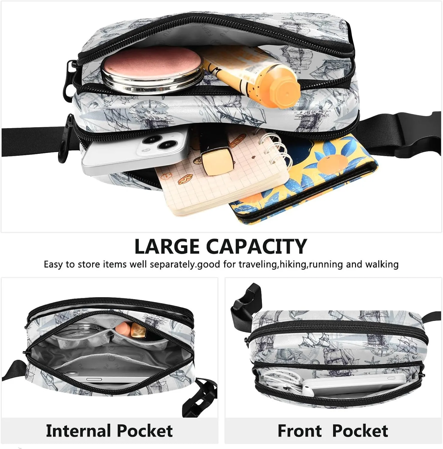 Oyihfvs Marine Sailboats, Compass, Anchor, Sea Shells in Retro Style Adjustable Fanny Waist Pack Pouch, Waterproof Runners Sports Waist Pack Wallet for Sports Hiking Fitness Cycling Gym Women Men