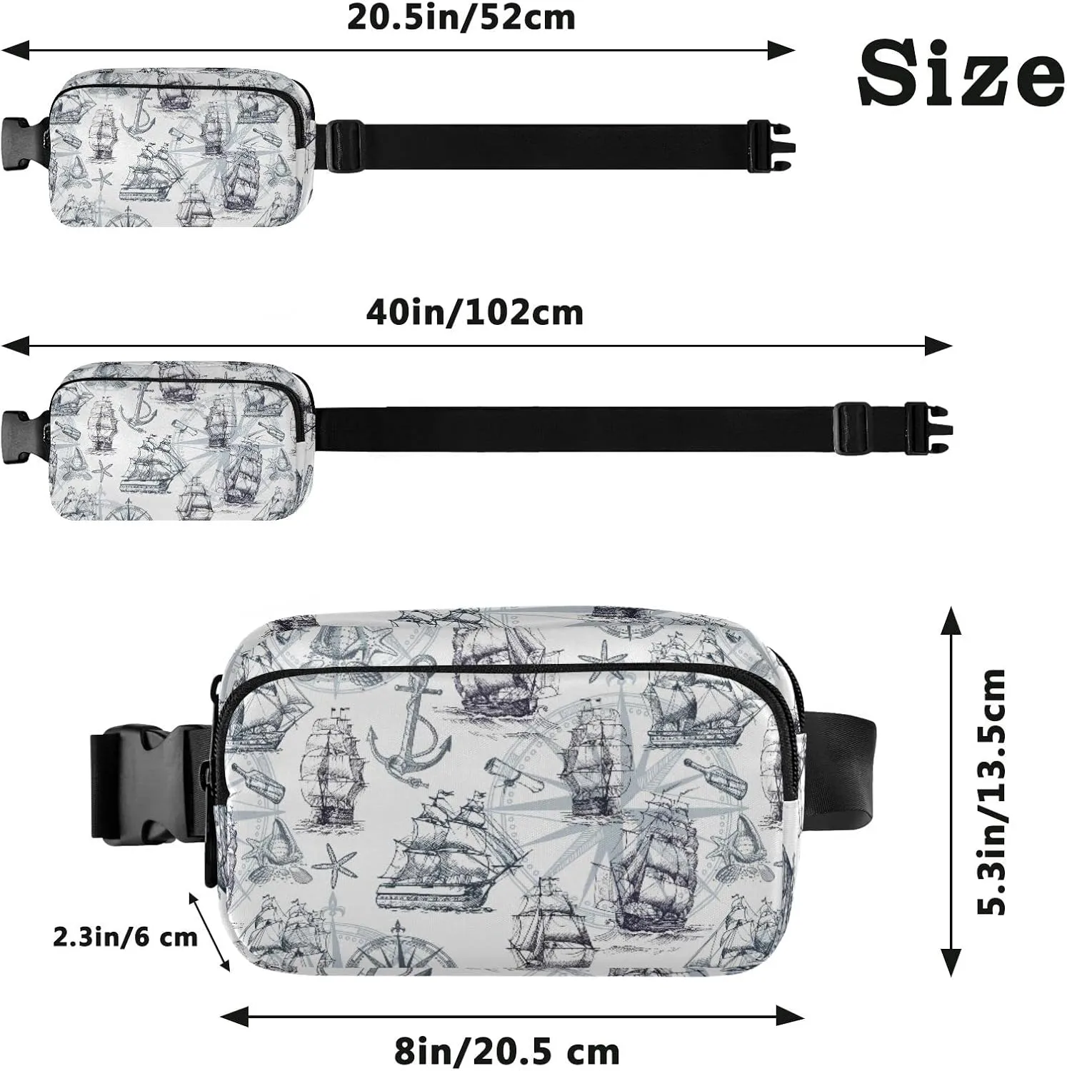 Oyihfvs Marine Sailboats, Compass, Anchor, Sea Shells in Retro Style Adjustable Fanny Waist Pack Pouch, Waterproof Runners Sports Waist Pack Wallet for Sports Hiking Fitness Cycling Gym Women Men