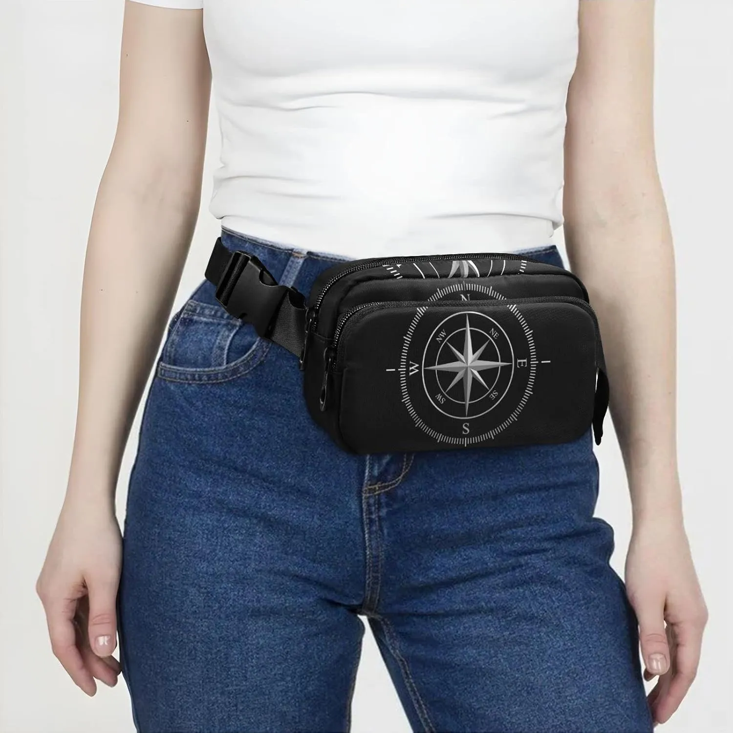 Oyihfvs Silver Compass Isolated on Black Adjustable Fanny Waist Pack Pouch, Waterproof Runners Sports Waist Pack Wallet for Sports Hiking Fitness Cycling Gym Women Men
