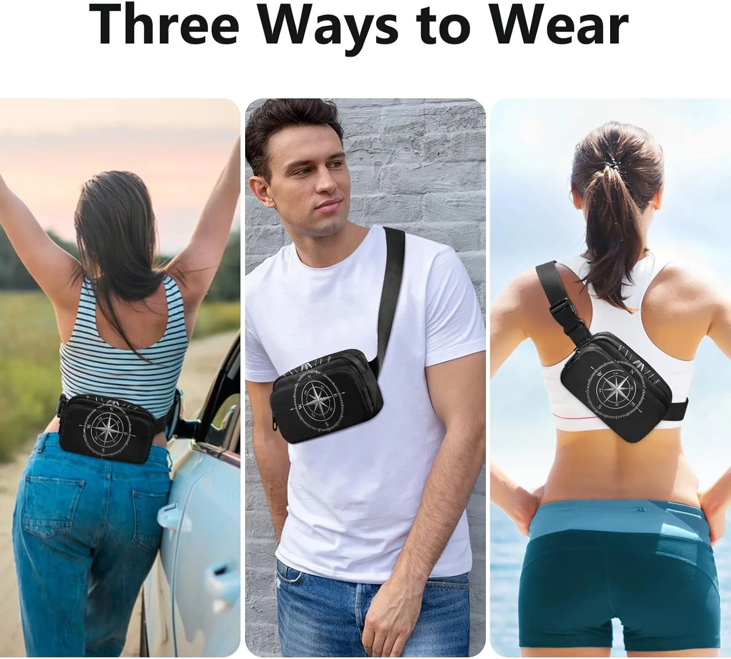 Oyihfvs Silver Compass Isolated on Black Adjustable Fanny Waist Pack Pouch, Waterproof Runners Sports Waist Pack Wallet for Sports Hiking Fitness Cycling Gym Women Men