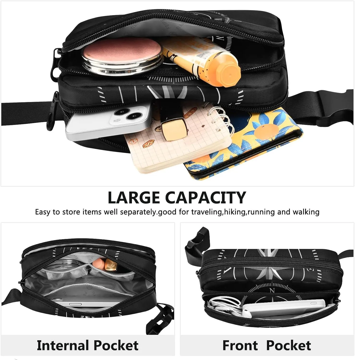 Oyihfvs Silver Compass Isolated on Black Adjustable Fanny Waist Pack Pouch, Waterproof Runners Sports Waist Pack Wallet for Sports Hiking Fitness Cycling Gym Women Men