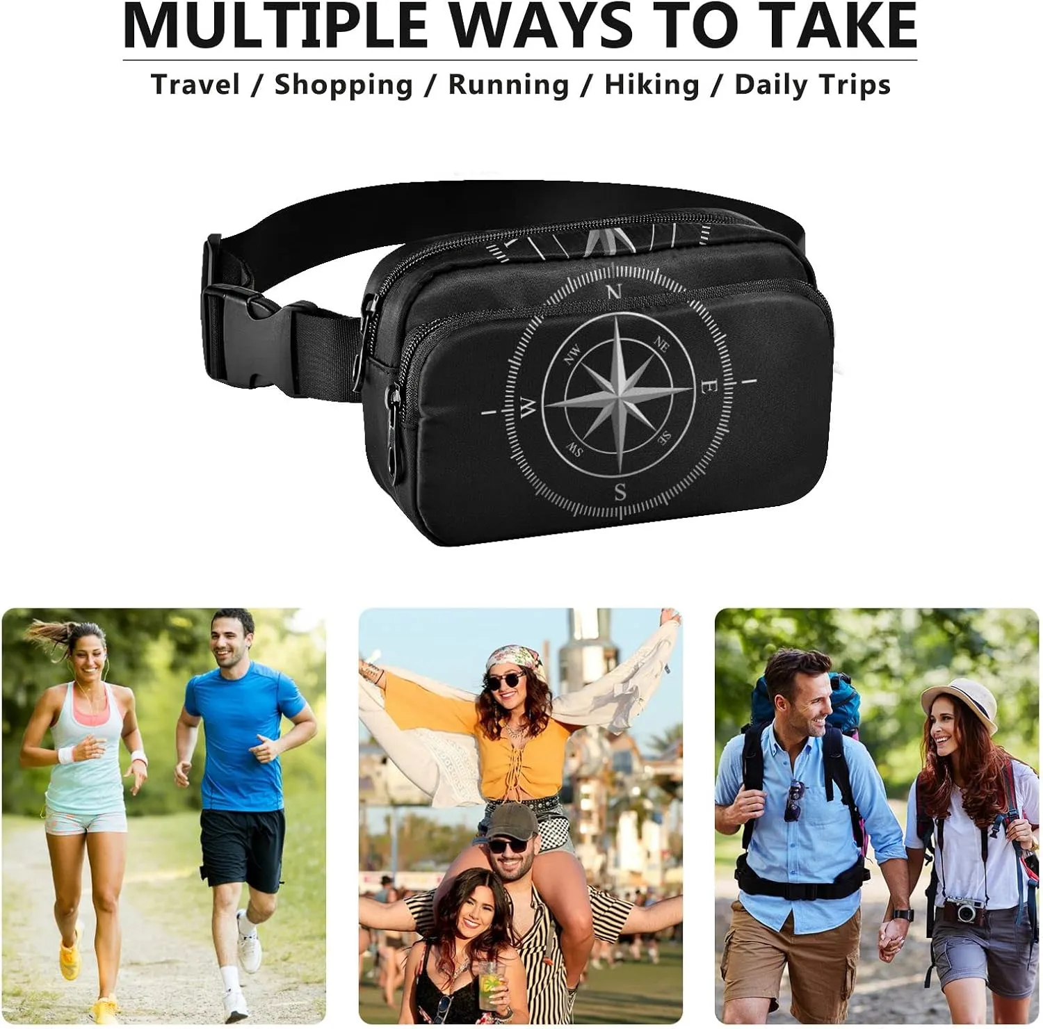 Oyihfvs Silver Compass Isolated on Black Adjustable Fanny Waist Pack Pouch, Waterproof Runners Sports Waist Pack Wallet for Sports Hiking Fitness Cycling Gym Women Men