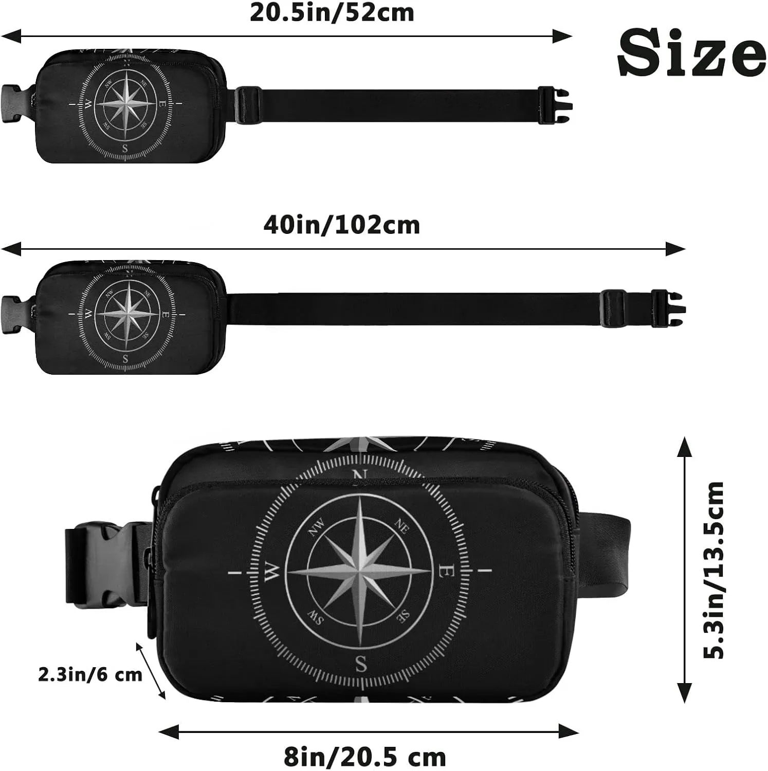 Oyihfvs Silver Compass Isolated on Black Adjustable Fanny Waist Pack Pouch, Waterproof Runners Sports Waist Pack Wallet for Sports Hiking Fitness Cycling Gym Women Men