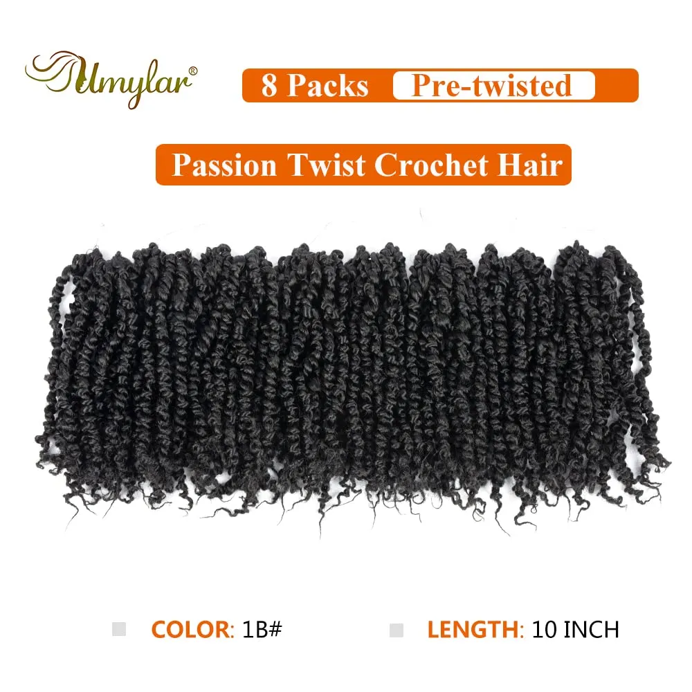 Passion Twist Crochet Hair 10 Inch 8 Packs Pre-twisted Passion Twist Crochet Hair Pre-looped Short Passion Twist Hair Bohemian Synthetic Hair Crochet Braids Hair Extension (10 Inch (Pack of 8), 1B#)