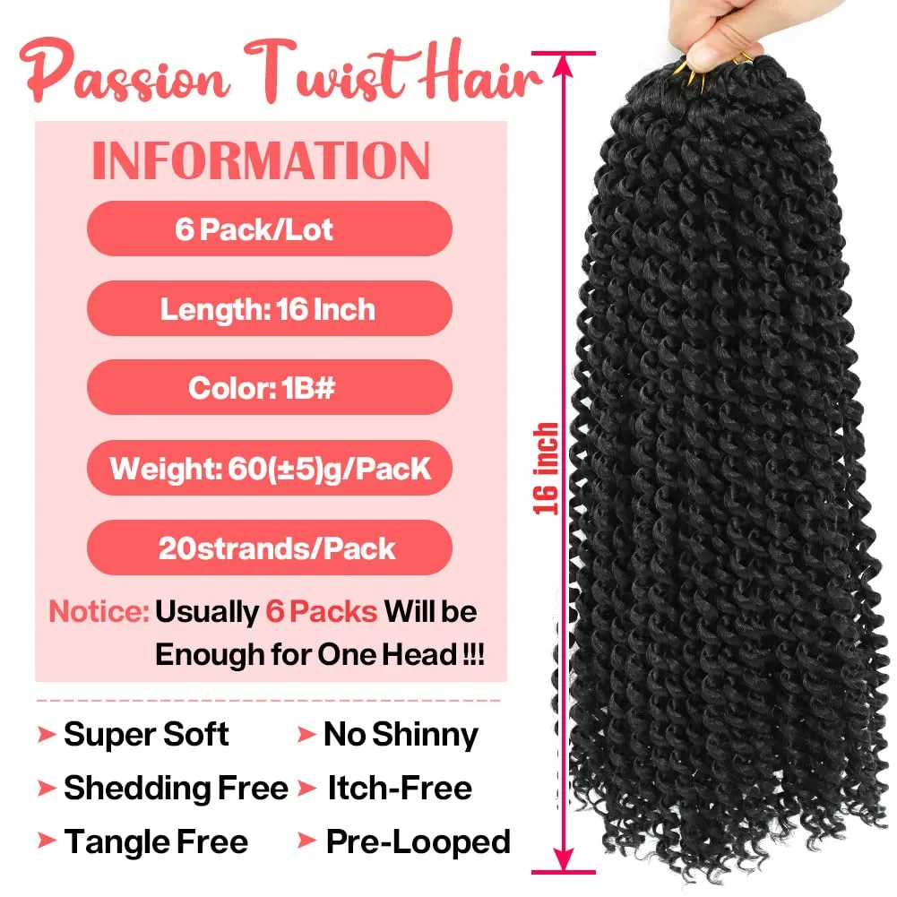 Passion Twist Hair 6 Packs Water Wave Crochet Hair for Black Women, 16 Inch Long Bohemian Passion Twist Crochet Braiding Hair Synthetic Crochet Braids Hair Extension(16Inch,1B)