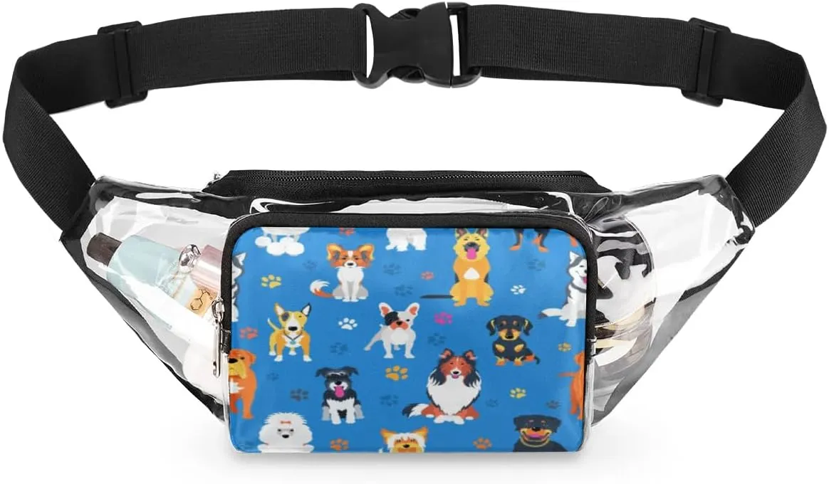 Paw Print Cute Cartoon Dog Clear Fanny Pack Stadium Approved Clear Crossbody Belt Bag for Women Men Transparent Waist Bag with Adjustable Strap for Concerts Sports Events Travel