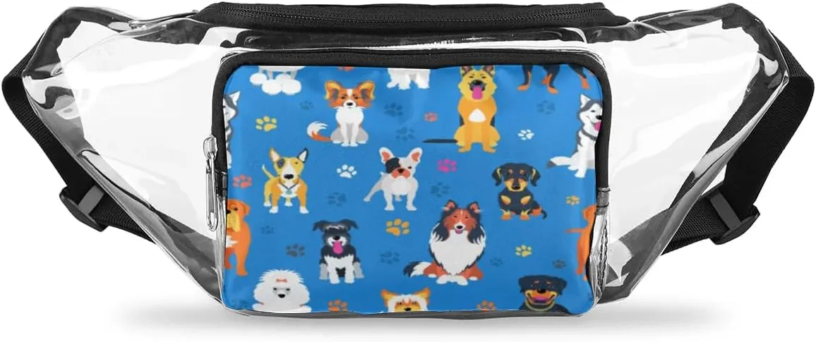 Paw Print Cute Cartoon Dog Clear Fanny Pack Stadium Approved Clear Crossbody Belt Bag for Women Men Transparent Waist Bag with Adjustable Strap for Concerts Sports Events Travel
