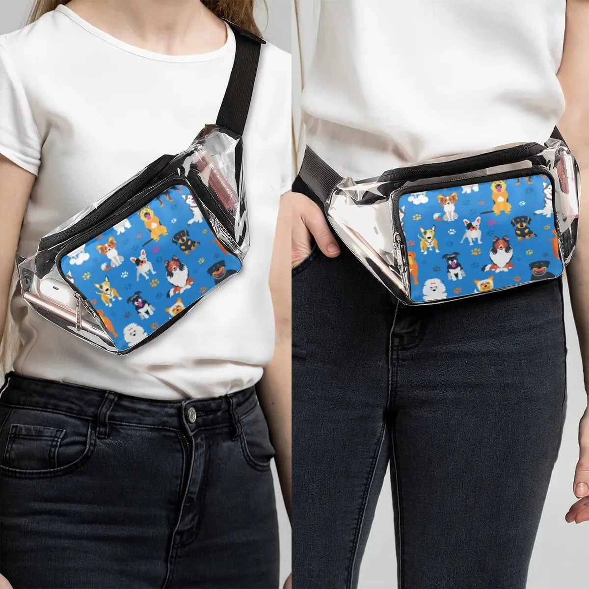 Paw Print Cute Cartoon Dog Clear Fanny Pack Stadium Approved Clear Crossbody Belt Bag for Women Men Transparent Waist Bag with Adjustable Strap for Concerts Sports Events Travel