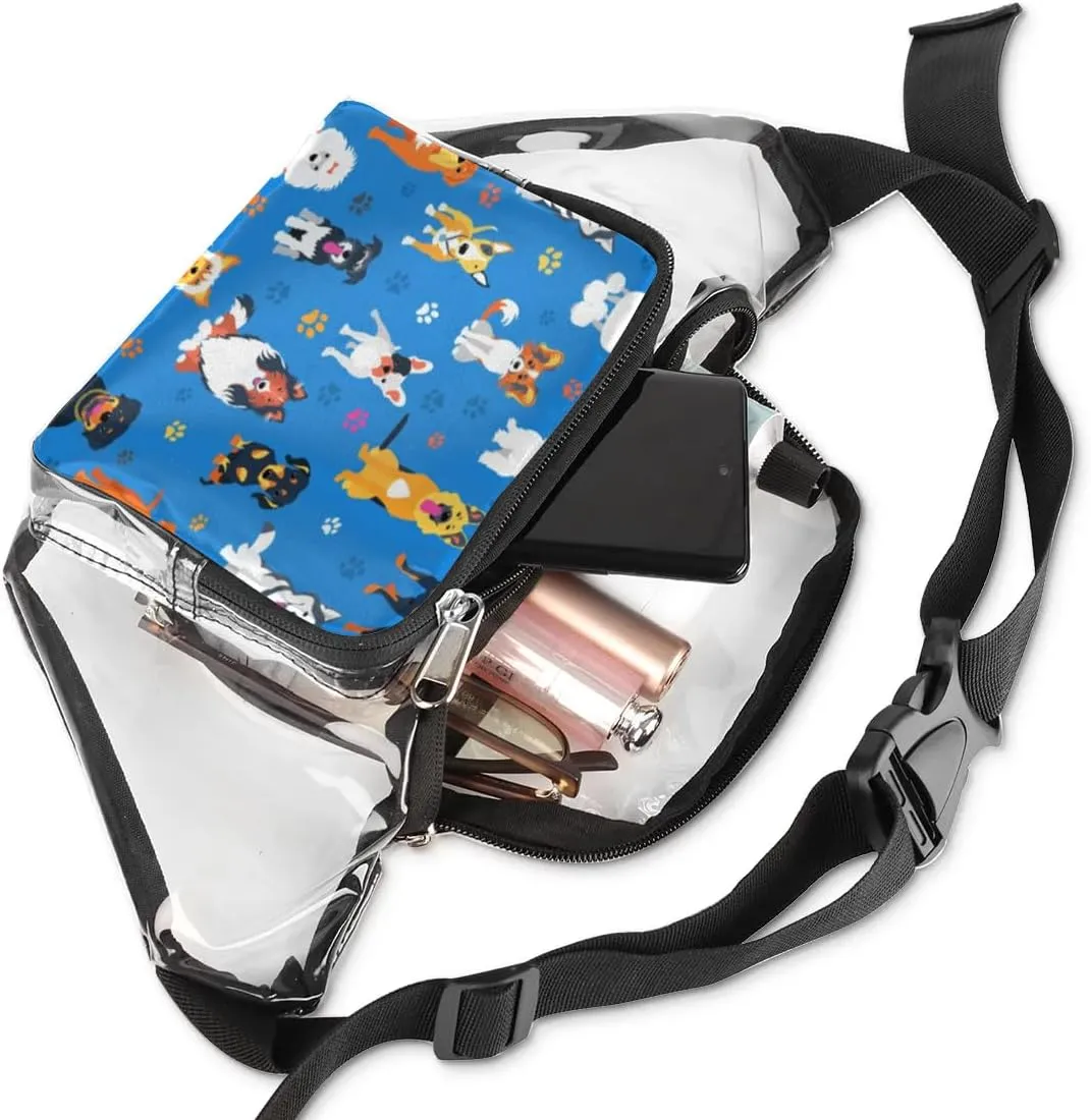 Paw Print Cute Cartoon Dog Clear Fanny Pack Stadium Approved Clear Crossbody Belt Bag for Women Men Transparent Waist Bag with Adjustable Strap for Concerts Sports Events Travel