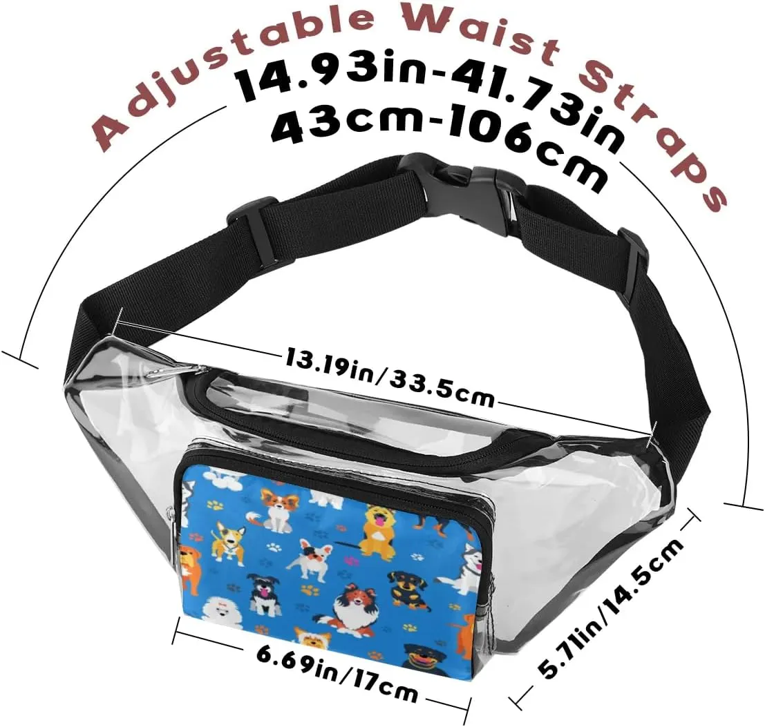 Paw Print Cute Cartoon Dog Clear Fanny Pack Stadium Approved Clear Crossbody Belt Bag for Women Men Transparent Waist Bag with Adjustable Strap for Concerts Sports Events Travel