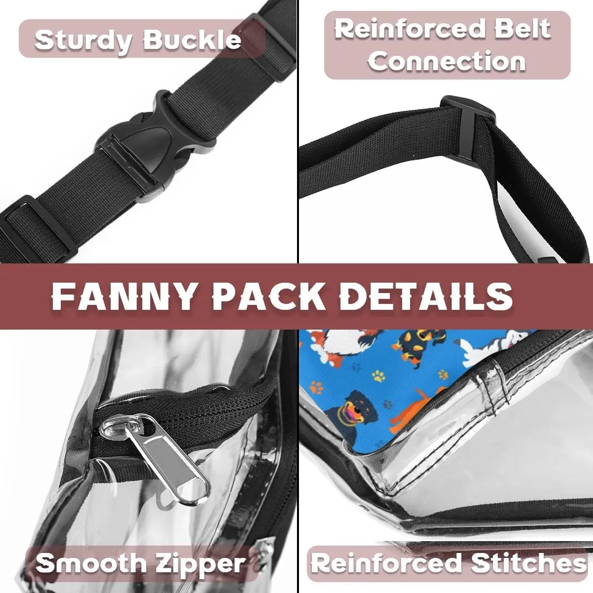 Paw Print Cute Cartoon Dog Clear Fanny Pack Stadium Approved Clear Crossbody Belt Bag for Women Men Transparent Waist Bag with Adjustable Strap for Concerts Sports Events Travel
