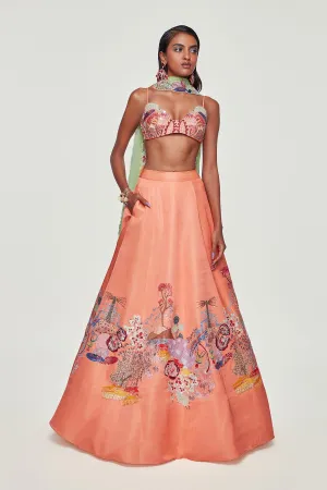 Peach Divergence Silk Appliquéd and Embellished Lehenga With Blouse And Cutwork Tulle Dupatta