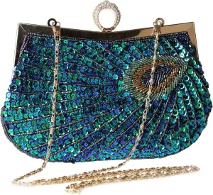 Peacock Clutch Bag Sequins Beaded Evening Purse for Wedding Cocktail Prom Party