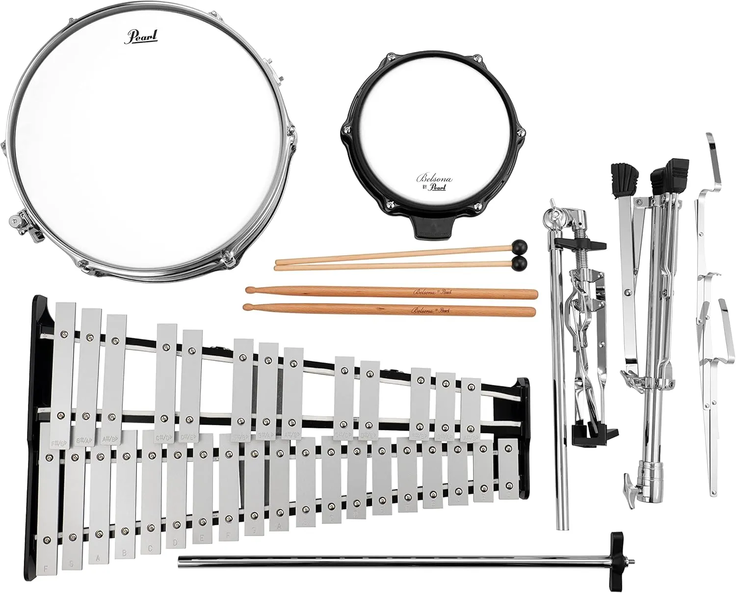 Pearl 32 Note Glockenspiel Bell Student Educational Percussion Kit with Snare Drum, Tunable Practice Pad, Rolling Carrying Case, Sticks and Mallets (PL200C)