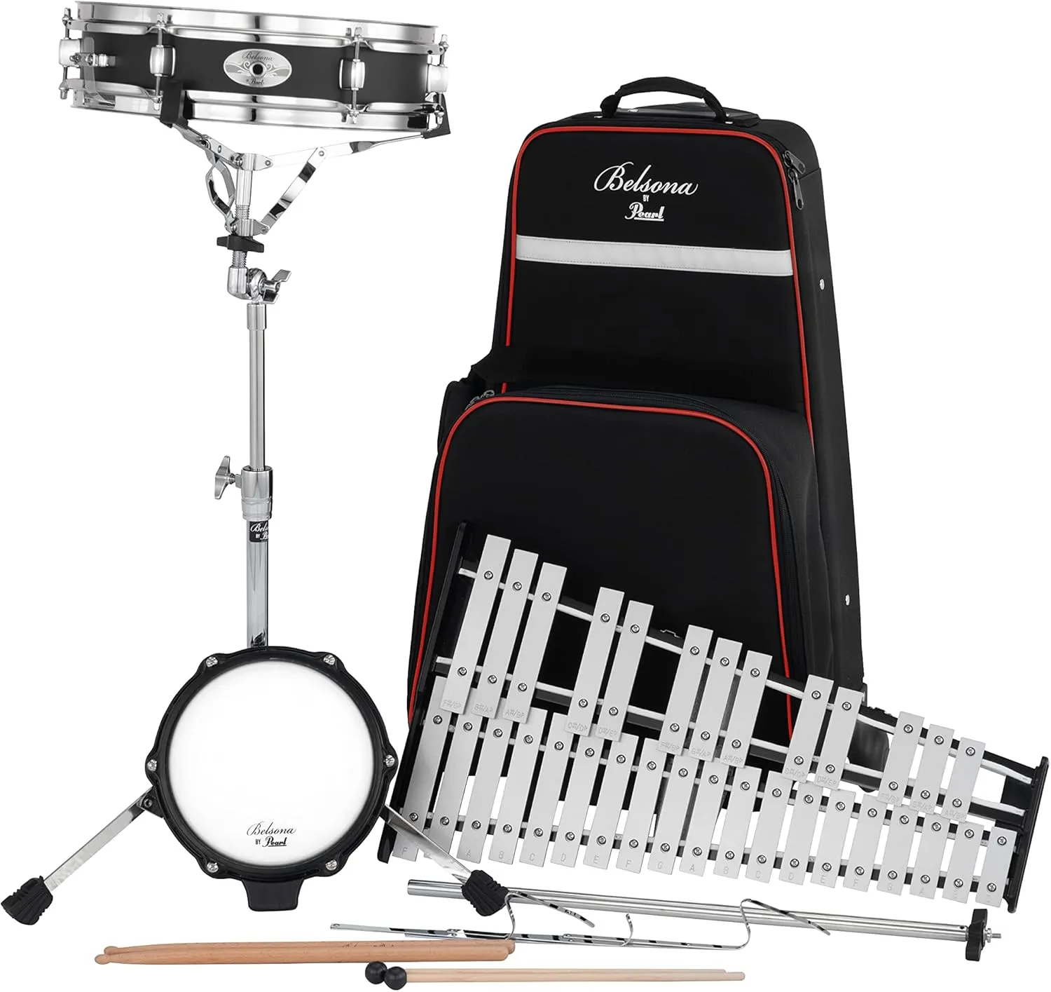 Pearl 32 Note Glockenspiel Bell Student Educational Percussion Kit with Snare Drum, Tunable Practice Pad, Rolling Carrying Case, Sticks and Mallets (PL200C)