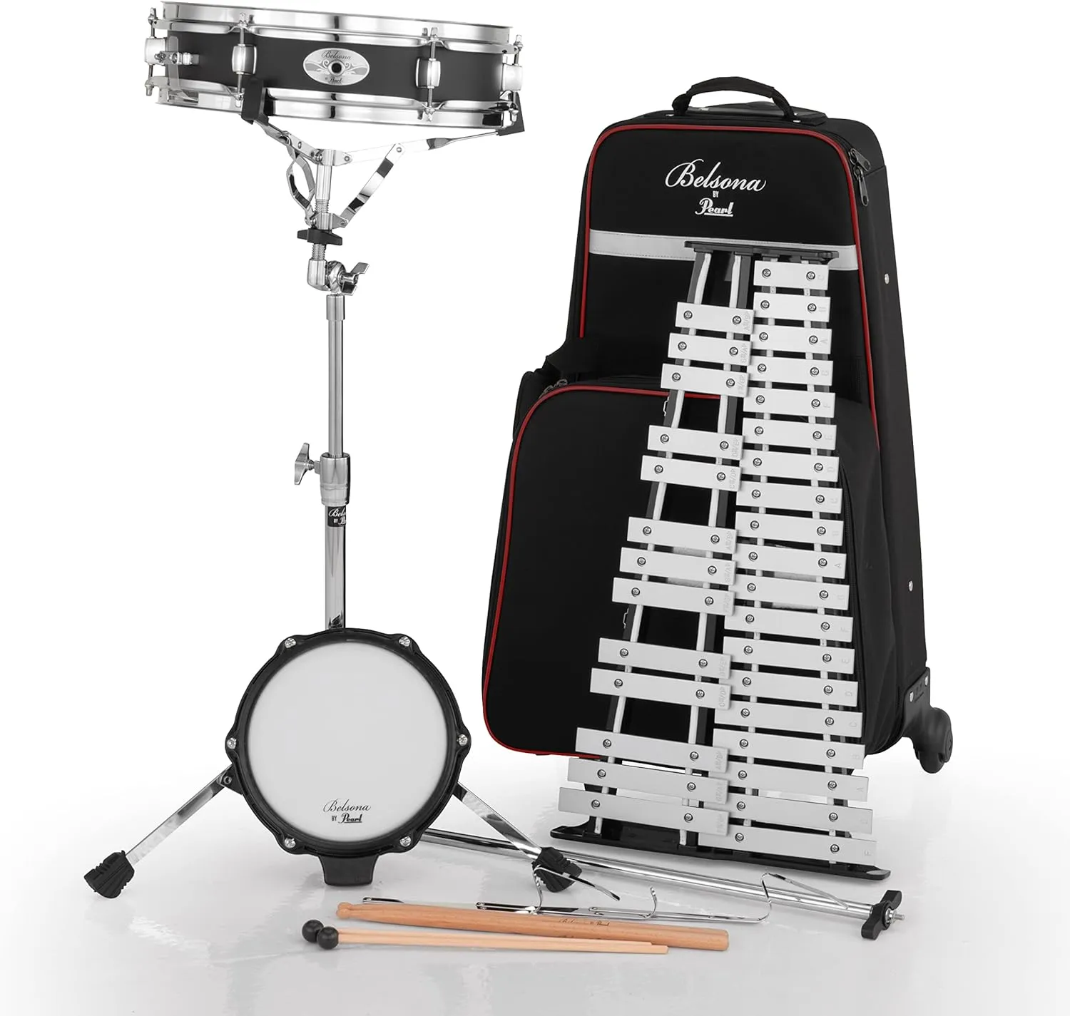 Pearl 32 Note Glockenspiel Bell Student Educational Percussion Kit with Snare Drum, Tunable Practice Pad, Rolling Carrying Case, Sticks and Mallets (PL200C)