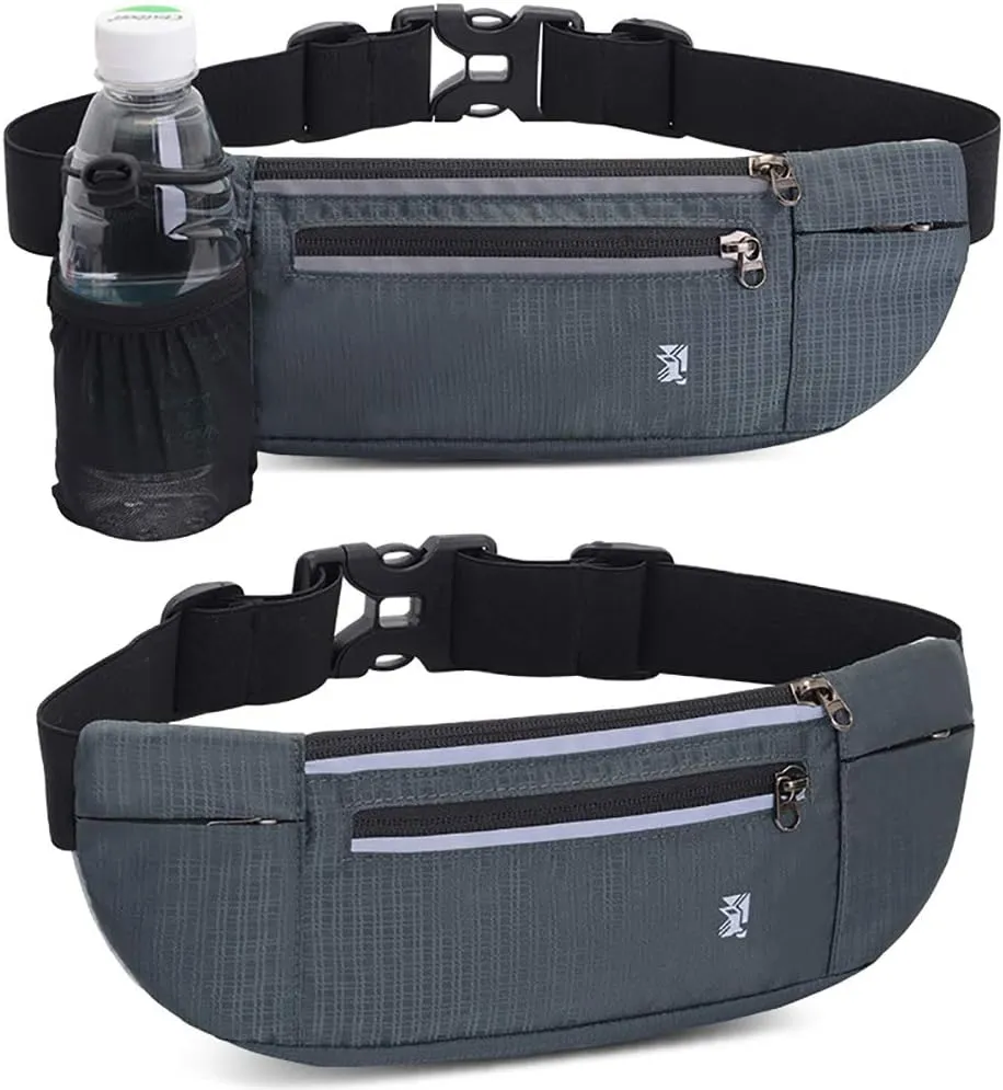 Peicees Fanny Pack with Water Bottle Holder Waist Bag for Men Women Water Resistant Lightweight Reflective Adjustable Running Belt Headphone Bag Travel Pocket for Outdoor Camping Fitness Hiking