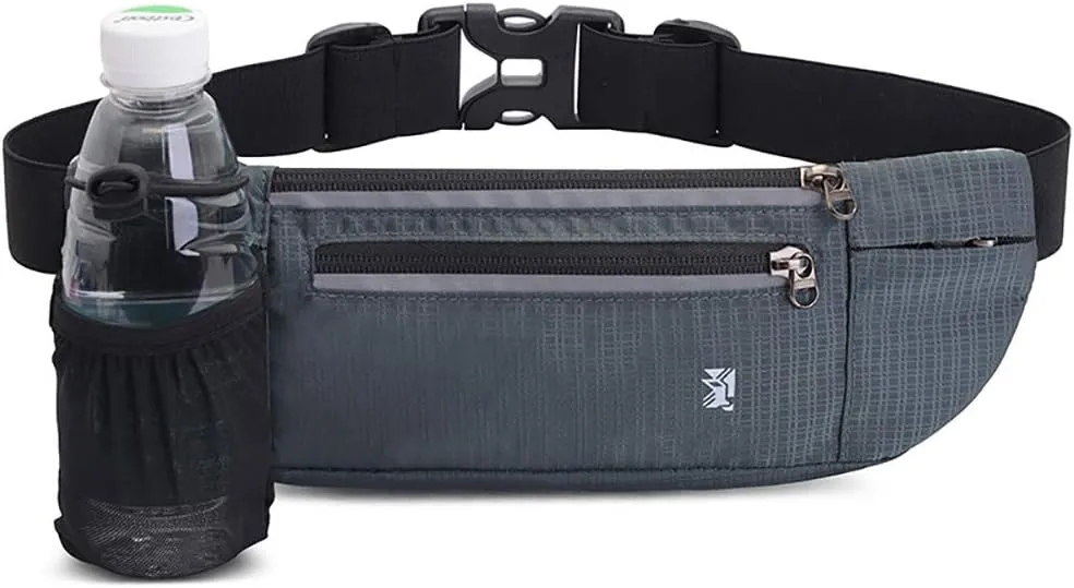 Peicees Fanny Pack with Water Bottle Holder Waist Bag for Men Women Water Resistant Lightweight Reflective Adjustable Running Belt Headphone Bag Travel Pocket for Outdoor Camping Fitness Hiking