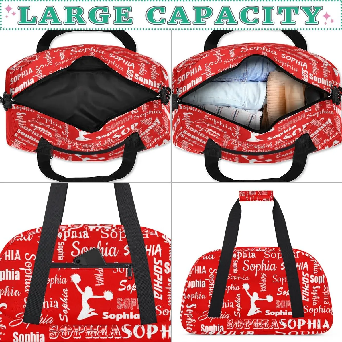 Personalized Cheer Bag Name Custom Sport Duffel Bag Dance Bag, Overnight Weekender Bags Cheerleader Personalized Gymnastics Bag Cheerleading Gifts, Coral Red A