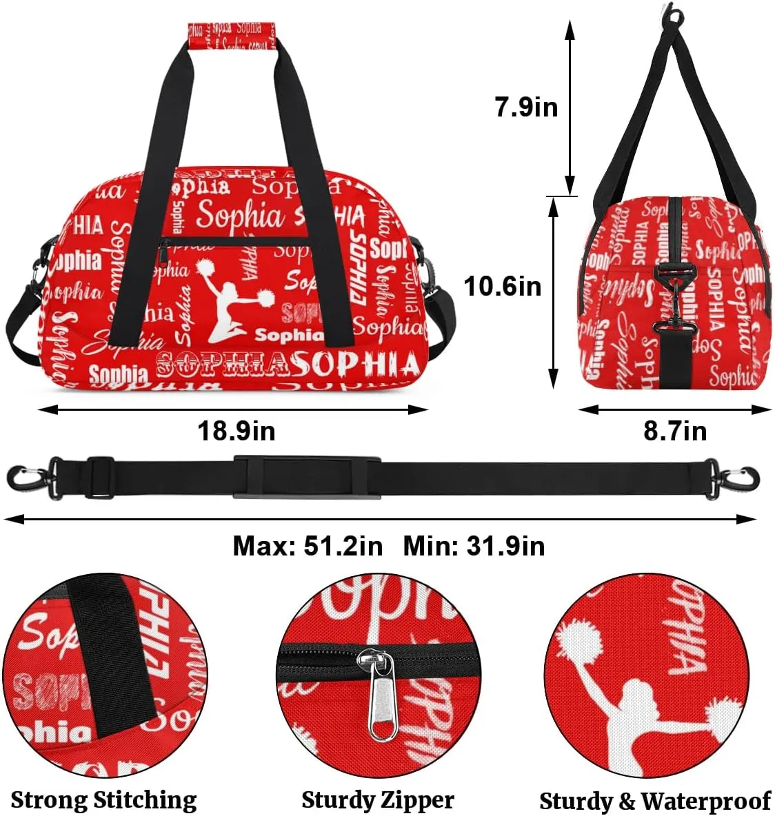 Personalized Cheer Bag Name Custom Sport Duffel Bag Dance Bag, Overnight Weekender Bags Cheerleader Personalized Gymnastics Bag Cheerleading Gifts, Coral Red A