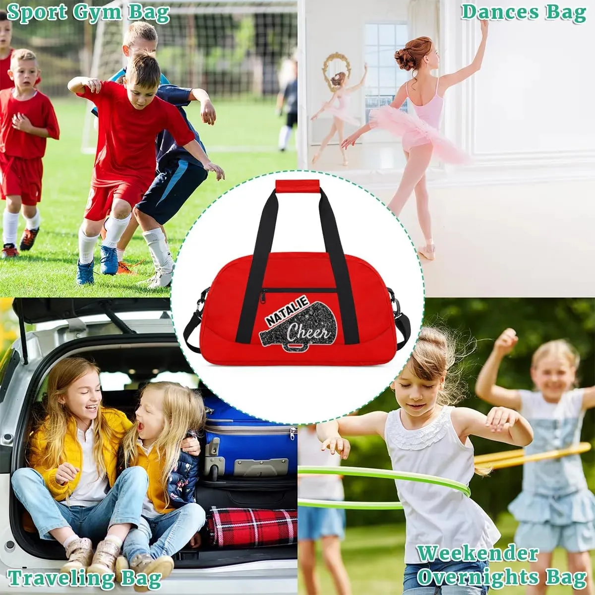 Personalized Cheerleader Sports Bag Custom Gymnastics Name Gym Duffel Bags Customized Cheer Ballet Dance Gift Overnight Weekender Bag, Coral Red A