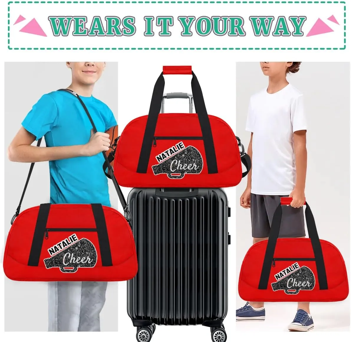 Personalized Cheerleader Sports Bag Custom Gymnastics Name Gym Duffel Bags Customized Cheer Ballet Dance Gift Overnight Weekender Bag, Coral Red A