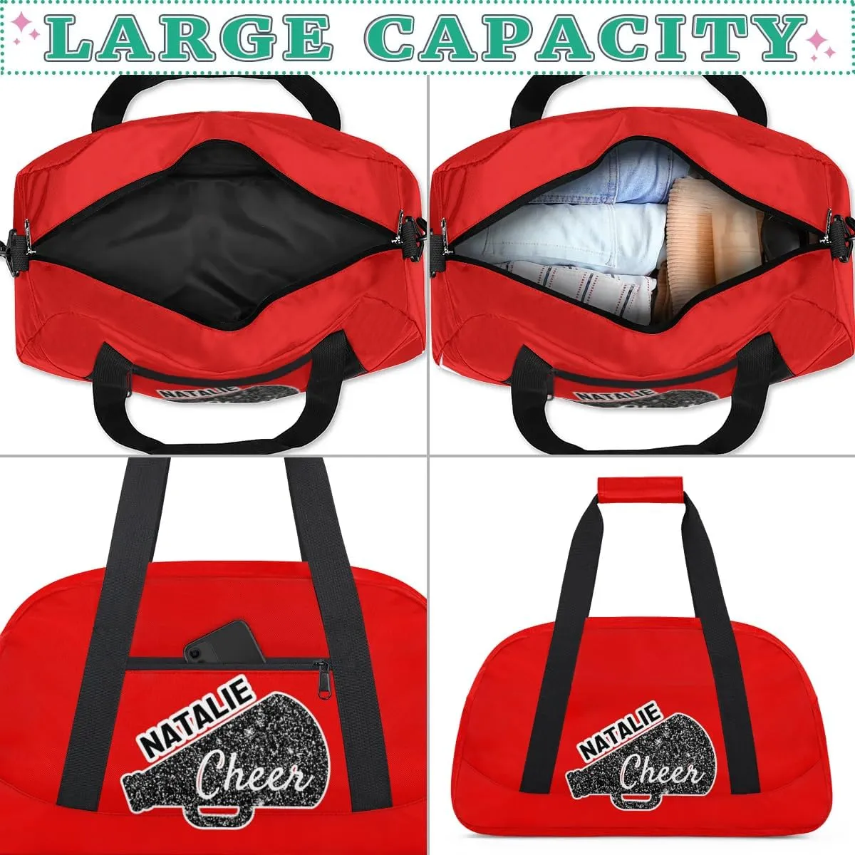 Personalized Cheerleader Sports Bag Custom Gymnastics Name Gym Duffel Bags Customized Cheer Ballet Dance Gift Overnight Weekender Bag, Coral Red A