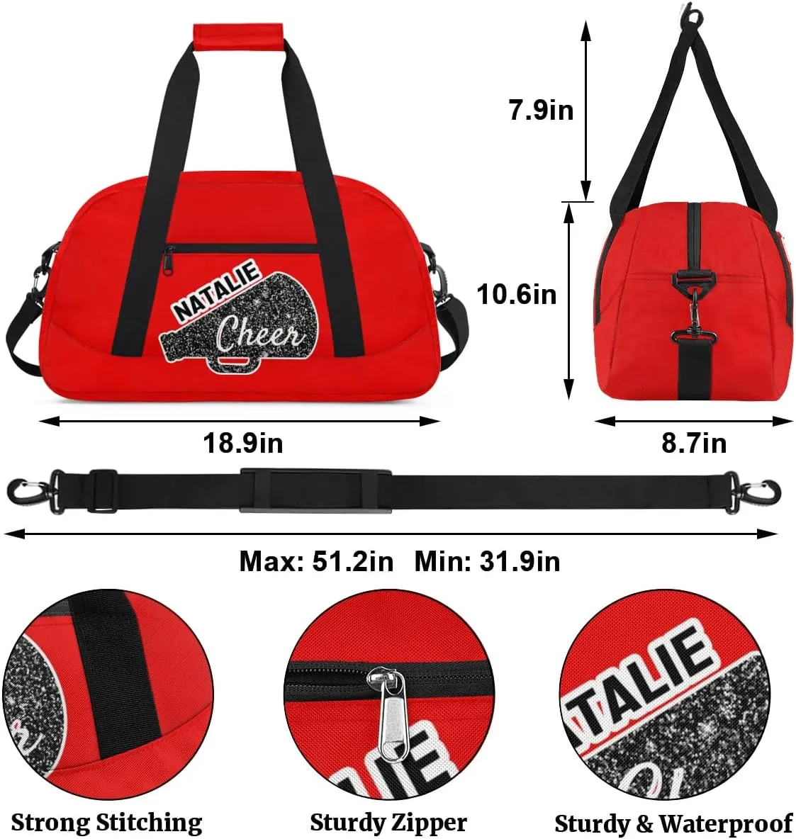 Personalized Cheerleader Sports Bag Custom Gymnastics Name Gym Duffel Bags Customized Cheer Ballet Dance Gift Overnight Weekender Bag, Coral Red A