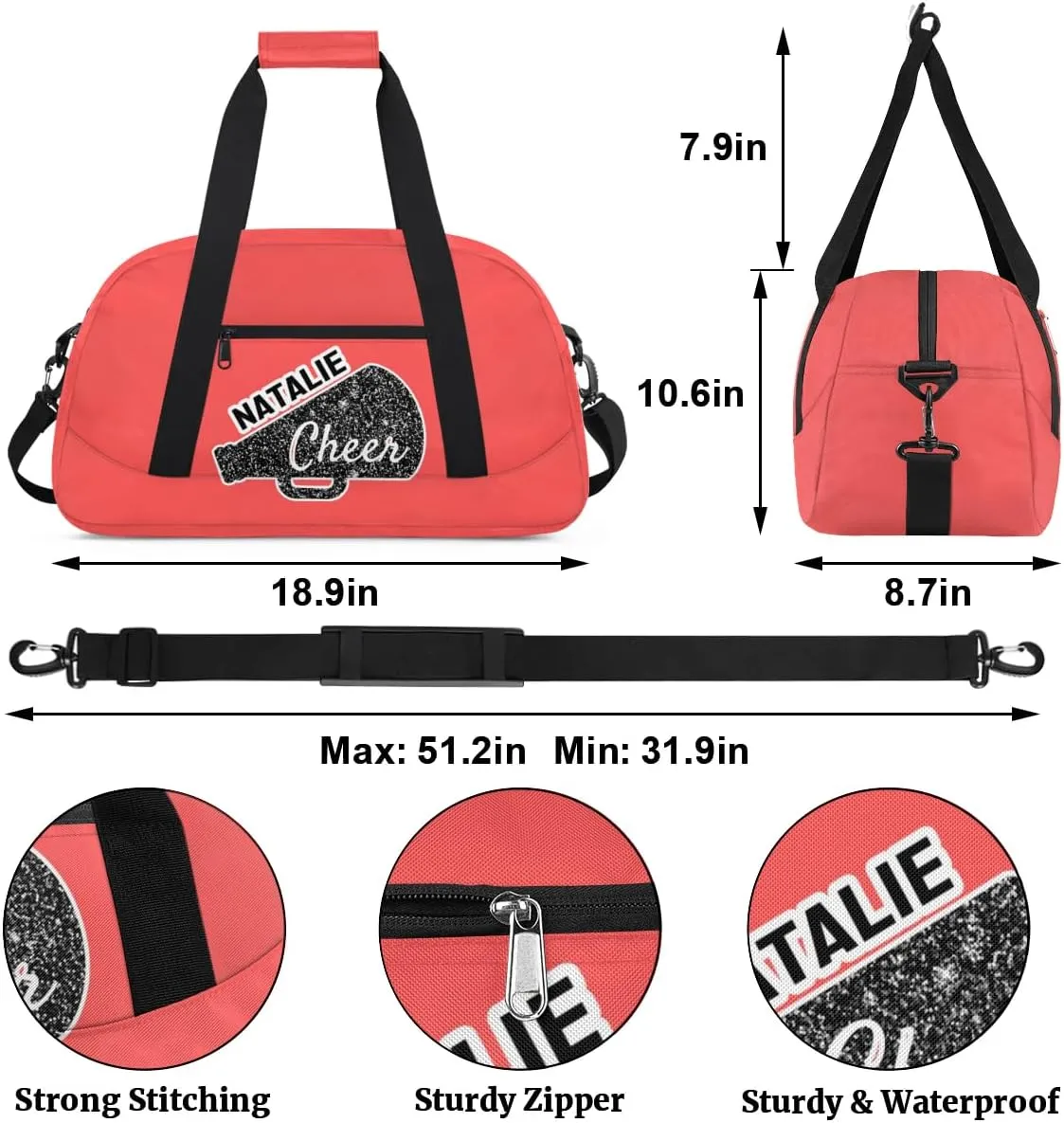 Personalized Cheerleader Sports Bag Custom Gymnastics Name Gym Duffel Bags Customized Cheer Ballet Dance Gift Overnight Weekender Bag, Coral Red