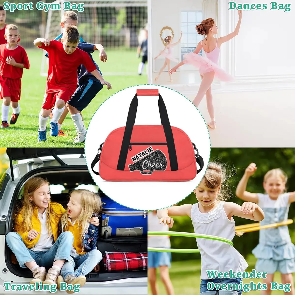 Personalized Cheerleader Sports Bag Custom Gymnastics Name Gym Duffel Bags Customized Cheer Ballet Dance Gift Overnight Weekender Bag, Coral Red