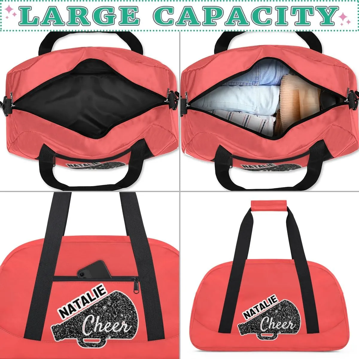 Personalized Cheerleader Sports Bag Custom Gymnastics Name Gym Duffel Bags Customized Cheer Ballet Dance Gift Overnight Weekender Bag, Coral Red