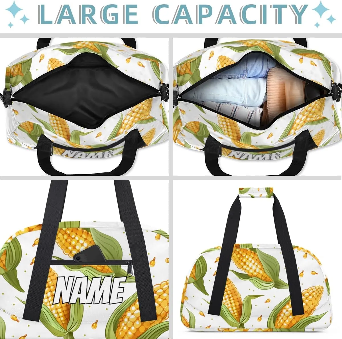 Personalized Custom Gym Bag for Women Men Carry on Corn Pattern Travel Duffel Tote Vegetables Themed Overnight Workout Weekender Bag