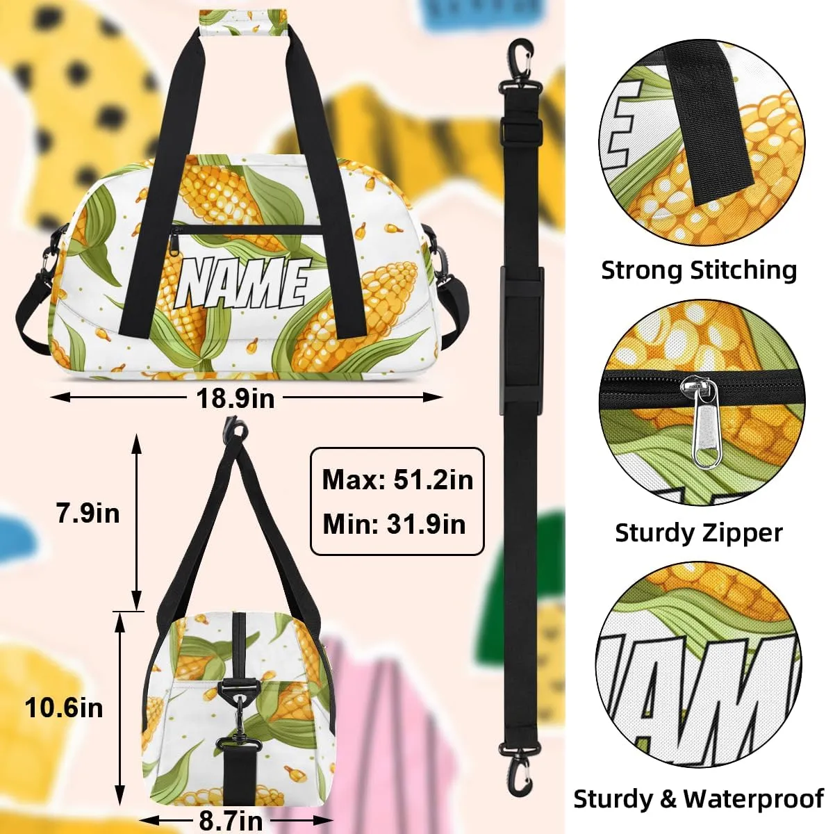 Personalized Custom Gym Bag for Women Men Carry on Corn Pattern Travel Duffel Tote Vegetables Themed Overnight Workout Weekender Bag