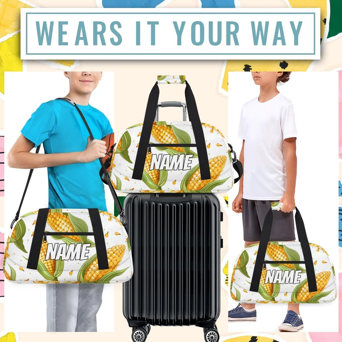 Personalized Custom Gym Bag for Women Men Carry on Corn Pattern Travel Duffel Tote Vegetables Themed Overnight Workout Weekender Bag