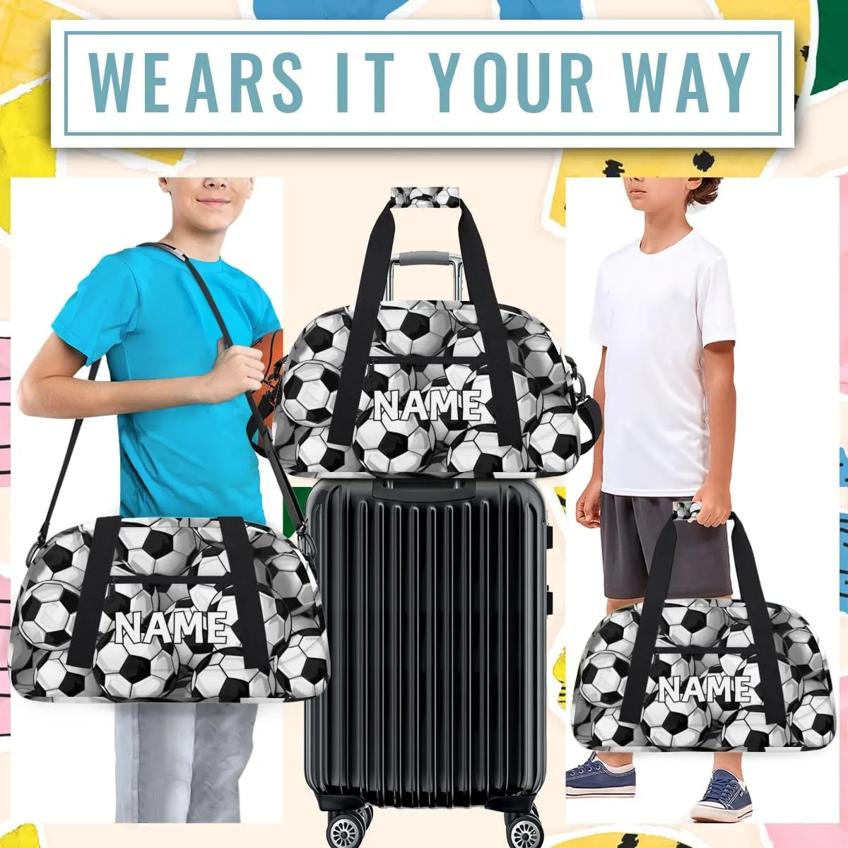 Personalized Custom Gym Bag for Women Men Carry on Soccer Ball Travel Duffel Tote Black White Overnight Workout Weekender Bag