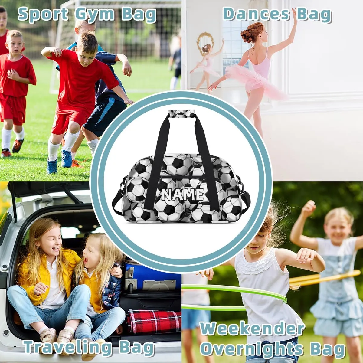 Personalized Custom Gym Bag for Women Men Carry on Soccer Ball Travel Duffel Tote Black White Overnight Workout Weekender Bag