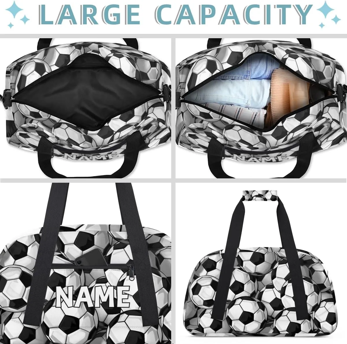 Personalized Custom Gym Bag for Women Men Carry on Soccer Ball Travel Duffel Tote Black White Overnight Workout Weekender Bag