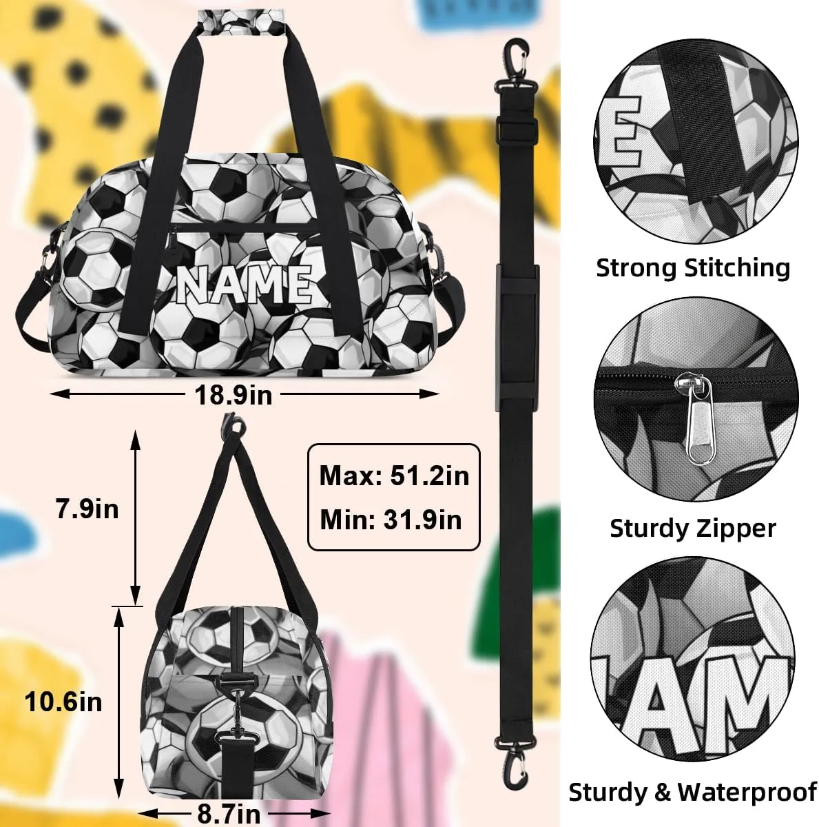 Personalized Custom Gym Bag for Women Men Carry on Soccer Ball Travel Duffel Tote Black White Overnight Workout Weekender Bag