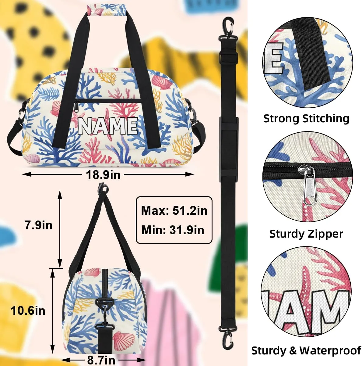 Personalized Custom Gym Bag for Women Men Carry on Starfish Seashell Travel Duffel Tote Beach Coastal Overnight Workout Weekender Bag