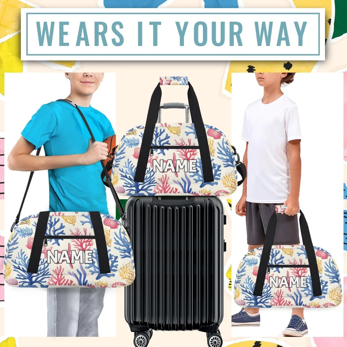 Personalized Custom Gym Bag for Women Men Carry on Starfish Seashell Travel Duffel Tote Beach Coastal Overnight Workout Weekender Bag