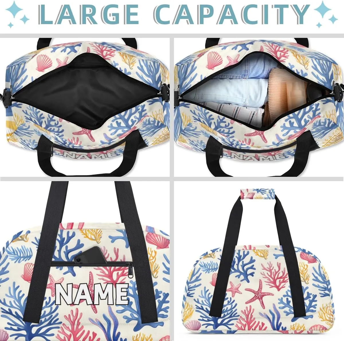 Personalized Custom Gym Bag for Women Men Carry on Starfish Seashell Travel Duffel Tote Beach Coastal Overnight Workout Weekender Bag