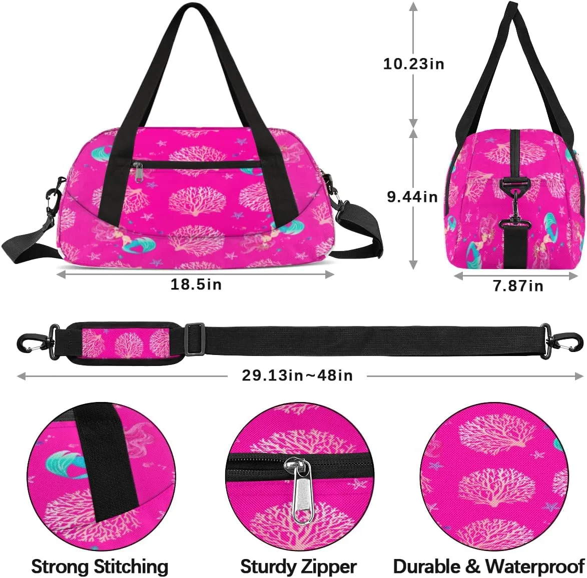 Personalized Dance Bag for Girls, Custom Sports Gym Bag for Boys, Customized Kids Duffel Bags Overnight Weekender Sleepover Bag Travel Duffel Bag, Animals Pink Mermaid Coral
