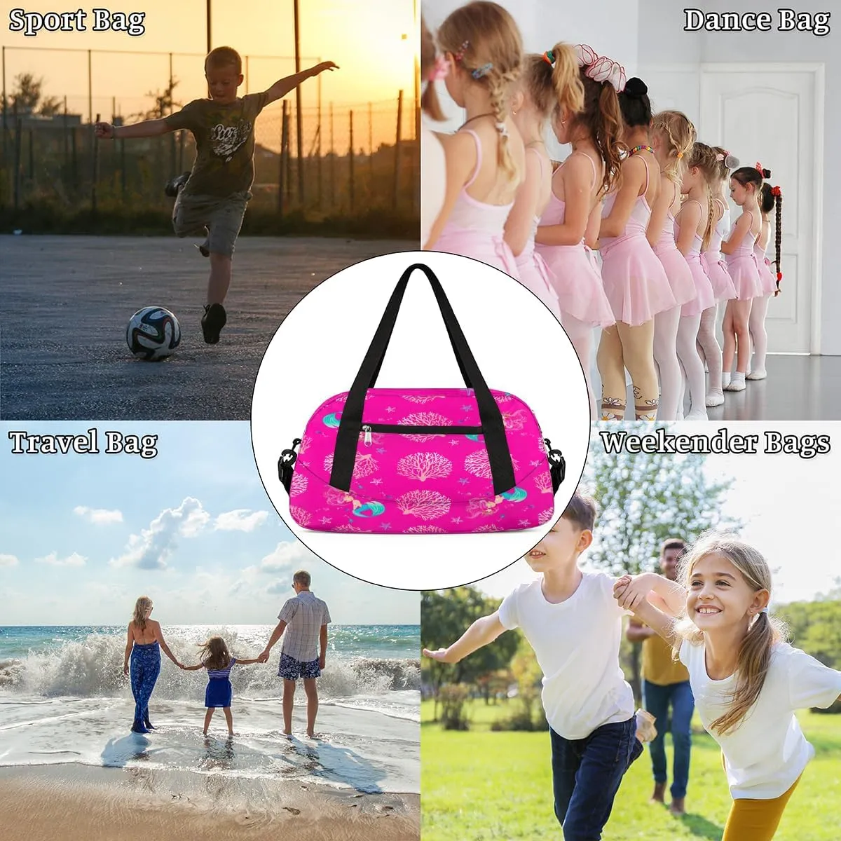 Personalized Dance Bag for Girls, Custom Sports Gym Bag for Boys, Customized Kids Duffel Bags Overnight Weekender Sleepover Bag Travel Duffel Bag, Animals Pink Mermaid Coral