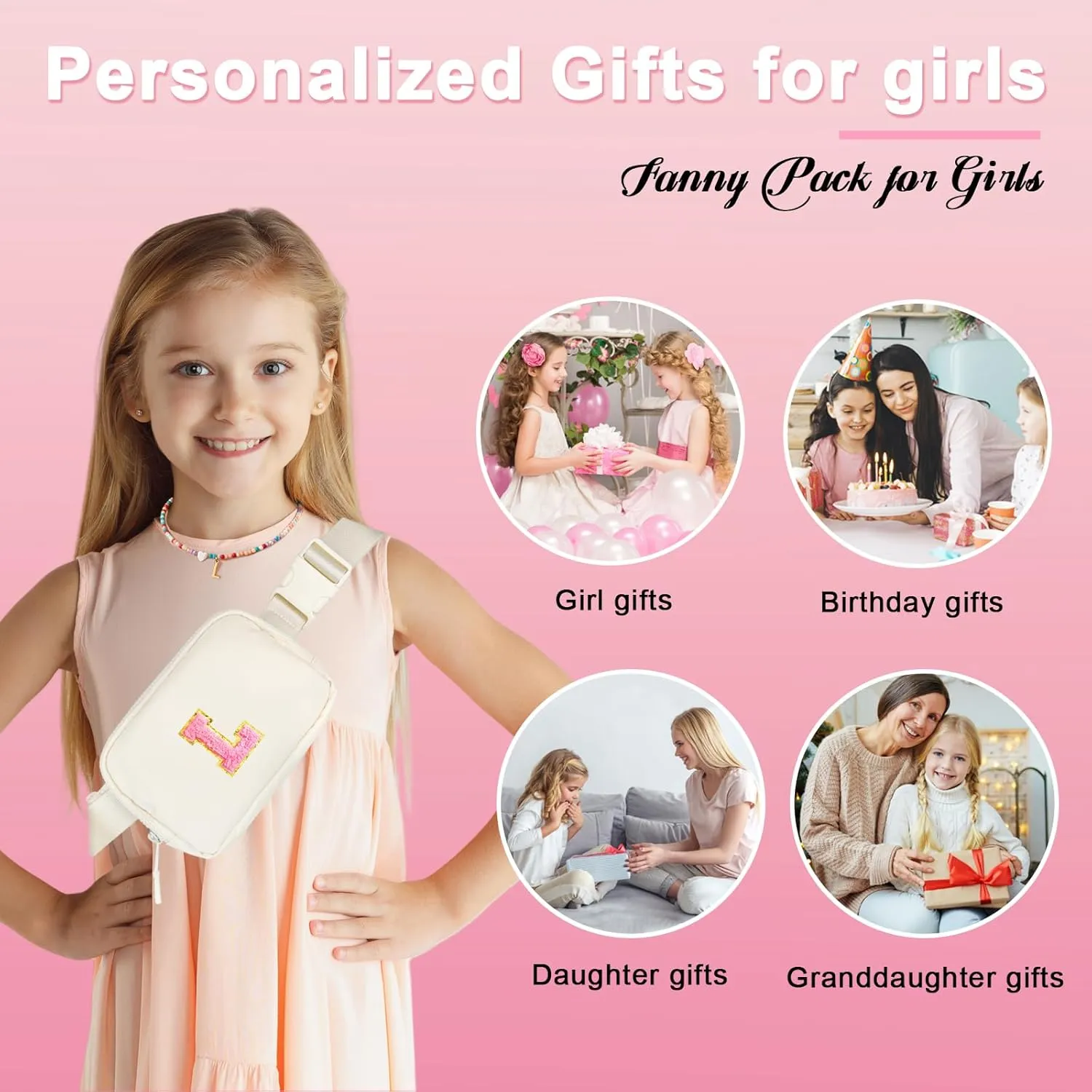 Personalized Fanny Pack for Girls, Gift Sets for Teen Girls, Birthday Gifts for 4 5 6 7 8 9 10 11 12 13 Year Old Girl, Initial Crossbody Bag Belt Bag for Girl Kids (L)