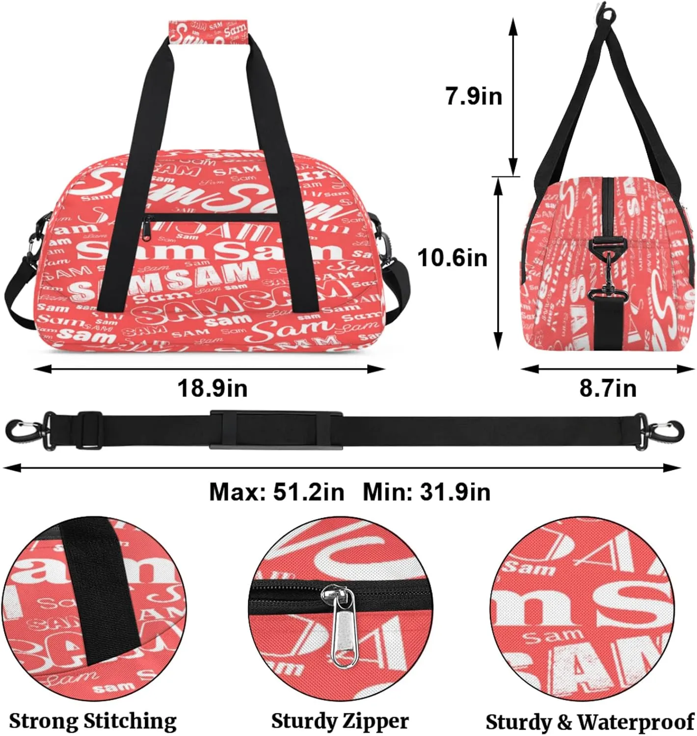 Personalized Name Gym Duffel Bag, Custom Sport Duffle Bags, Custom Overnight Weekender Bag Travel Bag for Dance Cheer Gymnastics Swimming, Coral Red