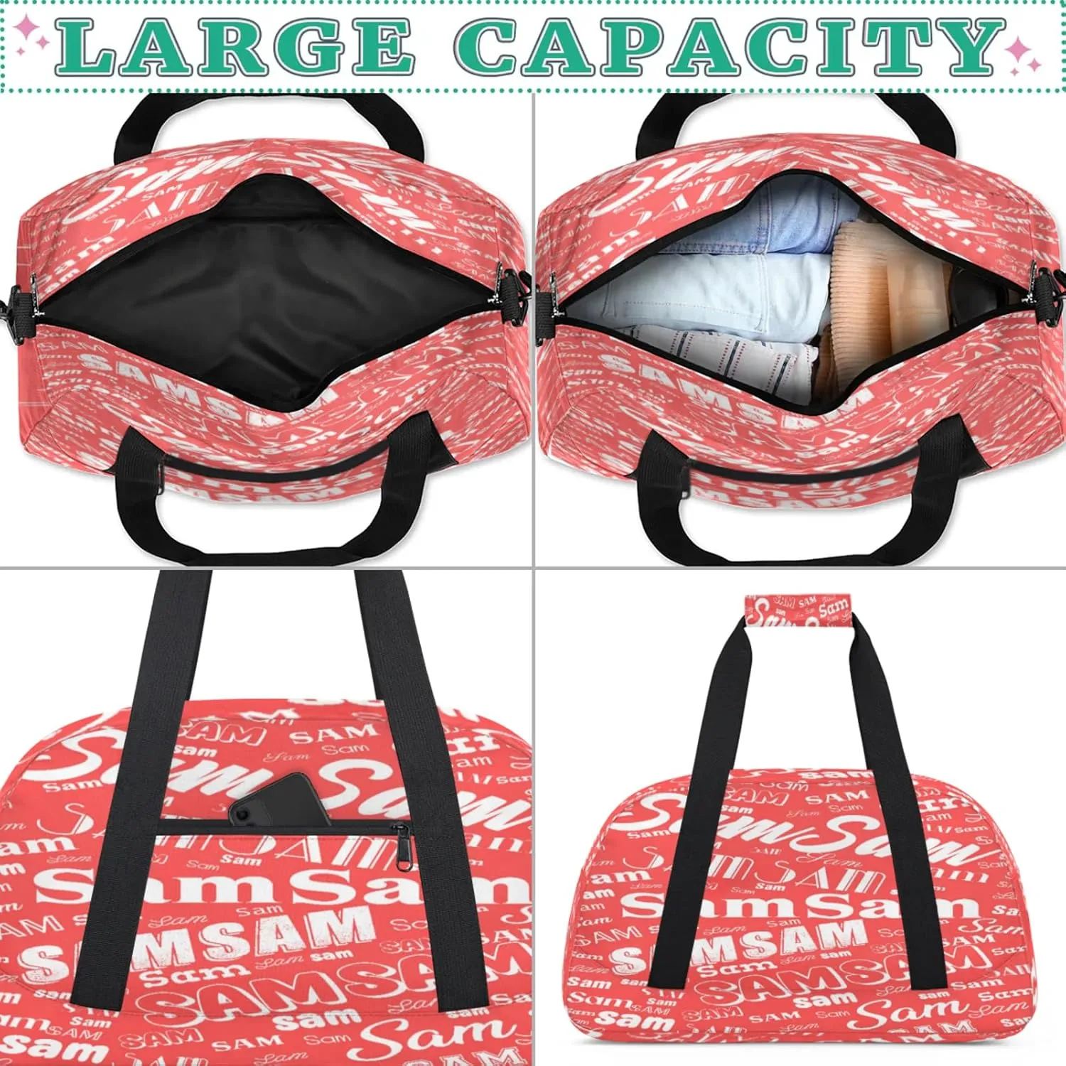 Personalized Name Gym Duffel Bag, Custom Sport Duffle Bags, Custom Overnight Weekender Bag Travel Bag for Dance Cheer Gymnastics Swimming, Coral Red