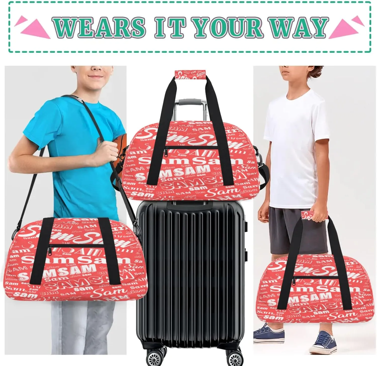 Personalized Name Gym Duffel Bag, Custom Sport Duffle Bags, Custom Overnight Weekender Bag Travel Bag for Dance Cheer Gymnastics Swimming, Coral Red